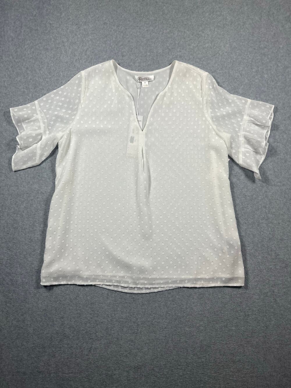 Renuar White Swiss Dot Split V-Neck Ruffle Sleeve Blouse